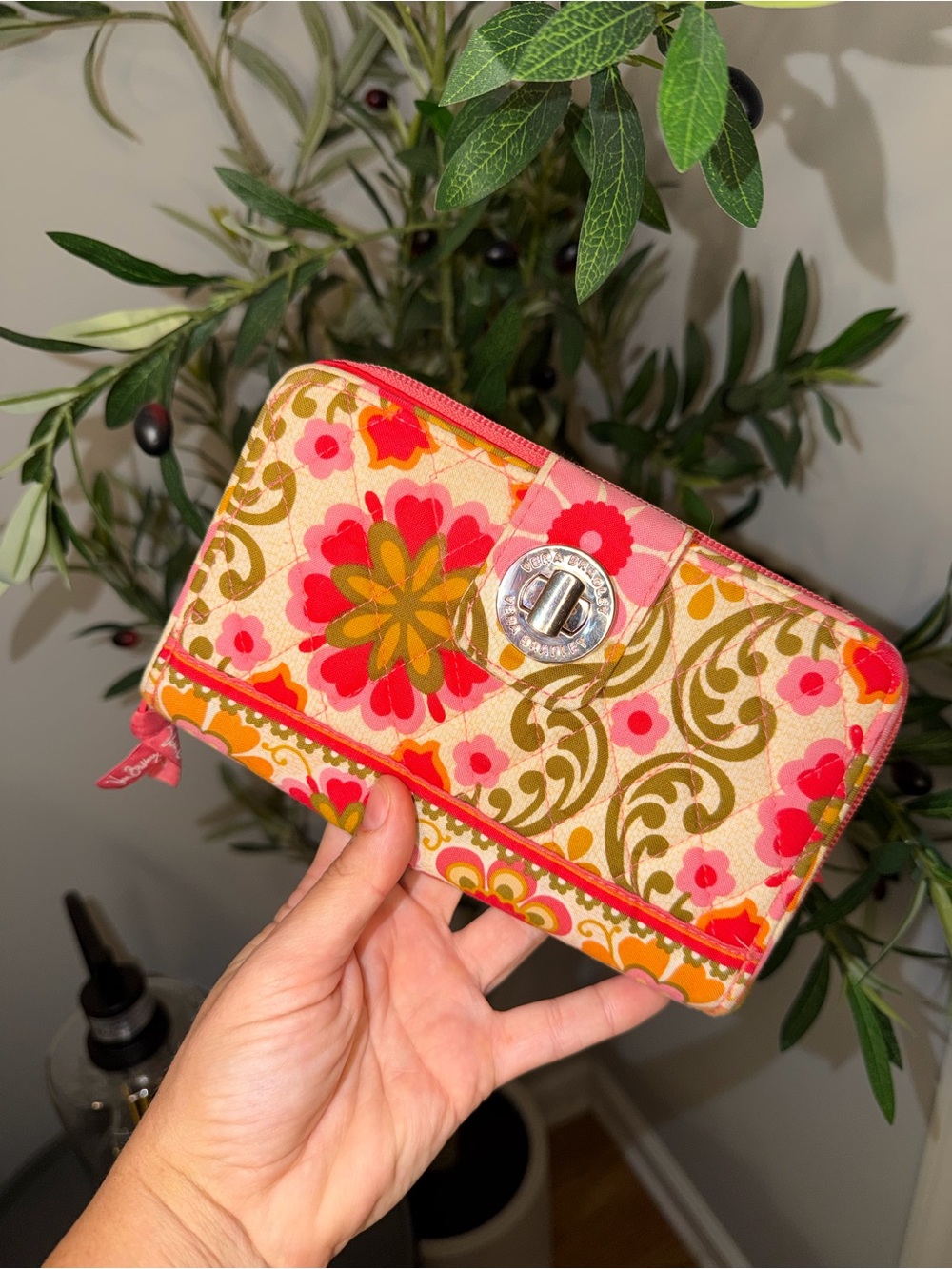 Vera Bradley Pink Orange Floral Turn-Lock Zip Wallet